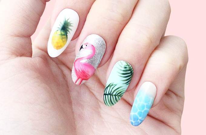 9. Tropical leaf nail design with gems - wide 6